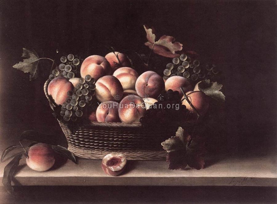 Basket with Peaches and Grapes - 路易斯·莫利隆